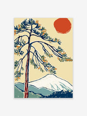 Stylised pine tree, red sun, and snow-capped mountain in Japanese-inspired art print
