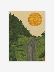 Illustrative waterfall flowing through a green forest with a spiral orange sun in a Japanese-inspired style