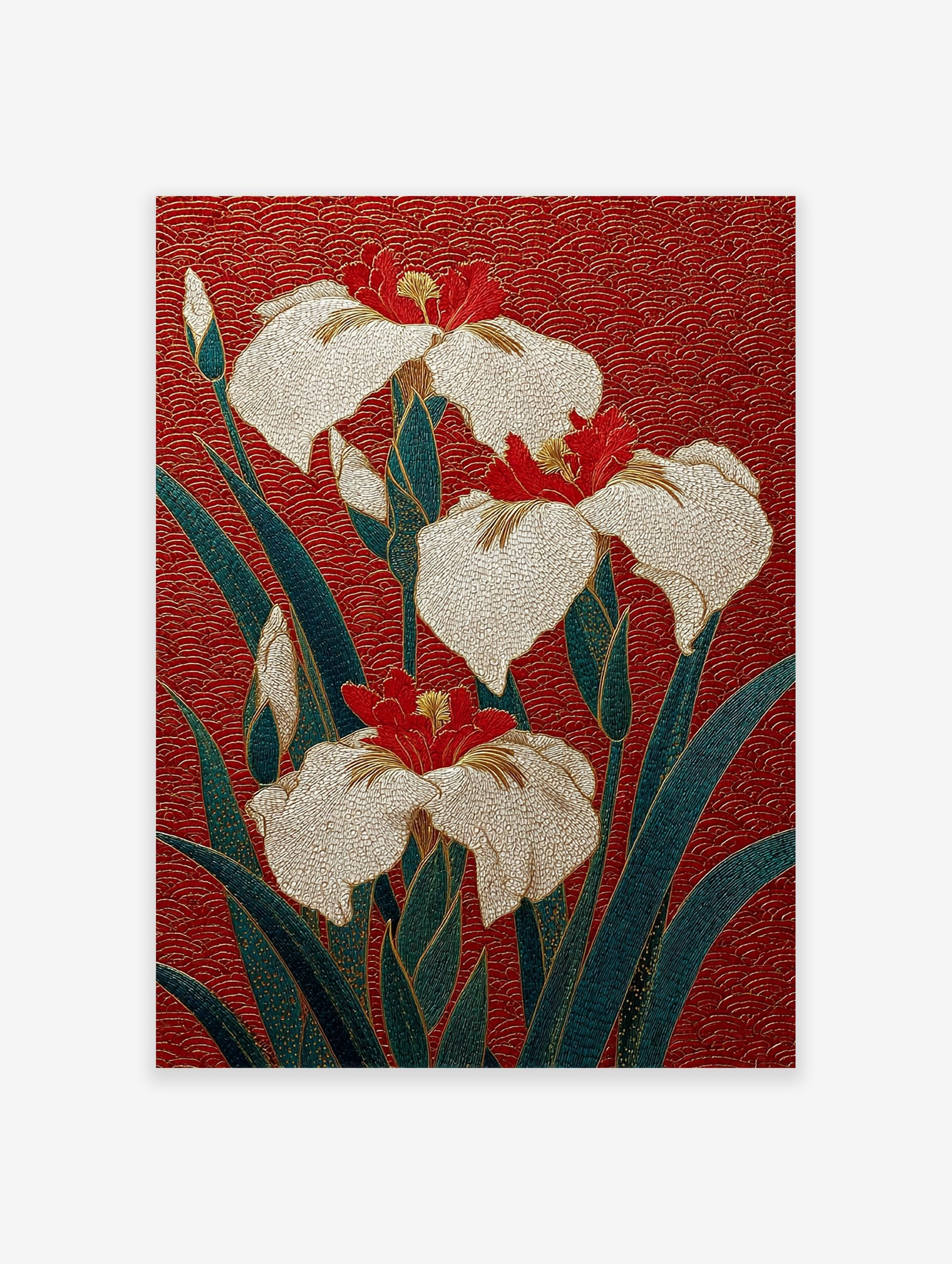 Japanese Iris flower poster with white and red blooms, green leaves, and gold details on a textured red background.