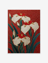 Japanese Iris flower poster with white and red blooms, green leaves, and gold details on a textured red background.