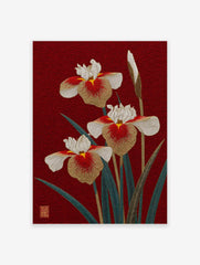 Japanese iris flower poster with three gold, white, and red embroidered-style irises and green leaves on a deep red textured background.