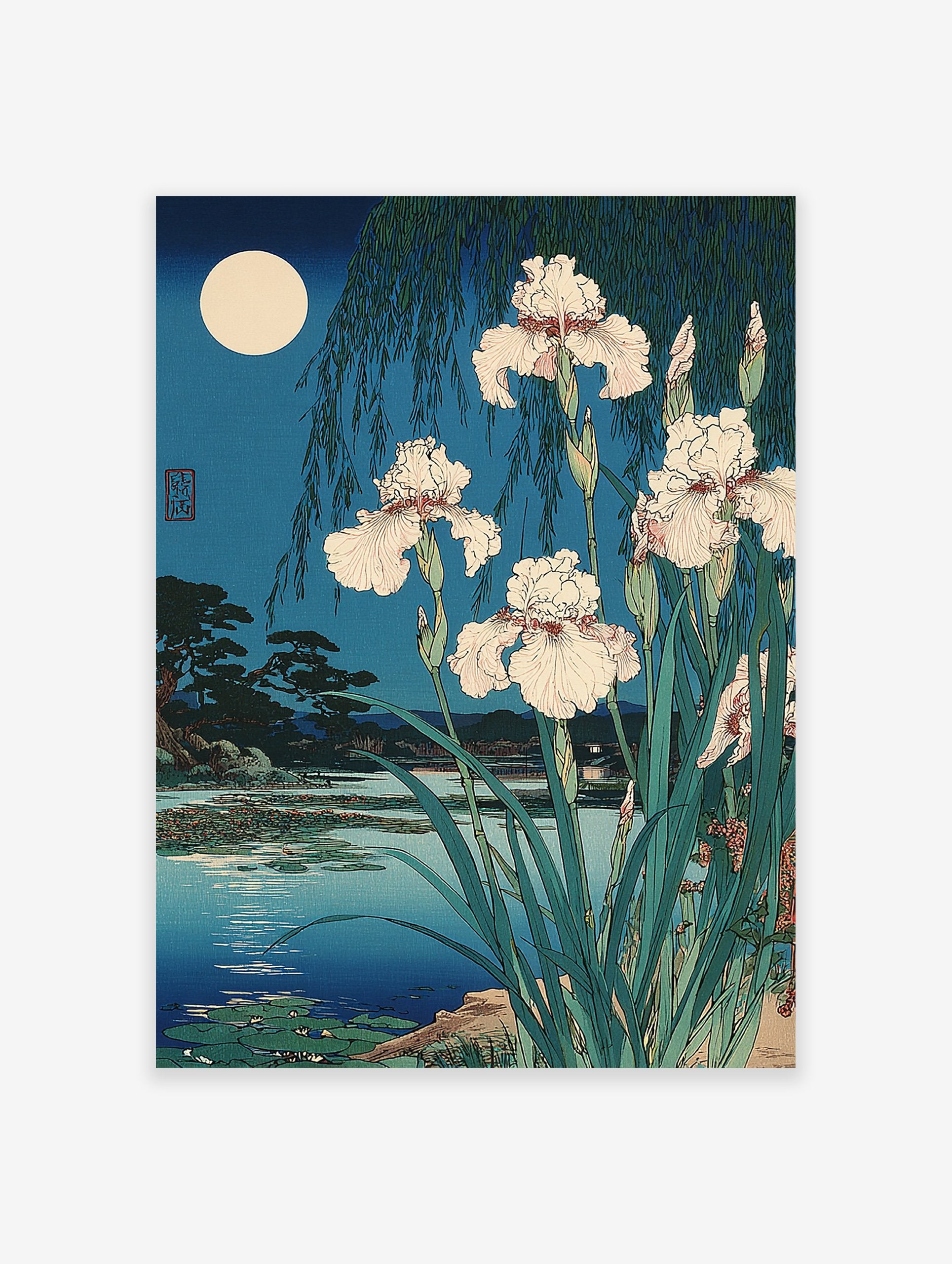 Japanese Iris Wall Art print featuring white irises by a moonlit lake with a willow tree in traditional Ukiyo-e style.
