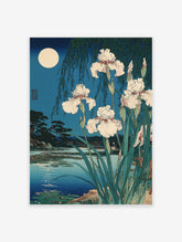 Japanese Iris Wall Art print featuring white irises by a moonlit lake with a willow tree in traditional Ukiyo-e style.