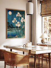 Japanese Iris Wall Art print featuring white irises by a moonlit lake with a willow tree in traditional Ukiyo-e style. - Image 3
