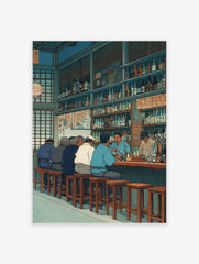 Japanese izakaya bar scene with patrons at a wooden counter, sake bottles on shelves, and menu boards