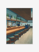 Illustrative Japanese izakaya bar scene with patrons, staff, and many sake bottles on shelves, in teal and wood tones