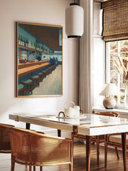Japanese Izakaya interior art print with patrons and staff at a long wooden counter, shelves of, in a styled room mockup