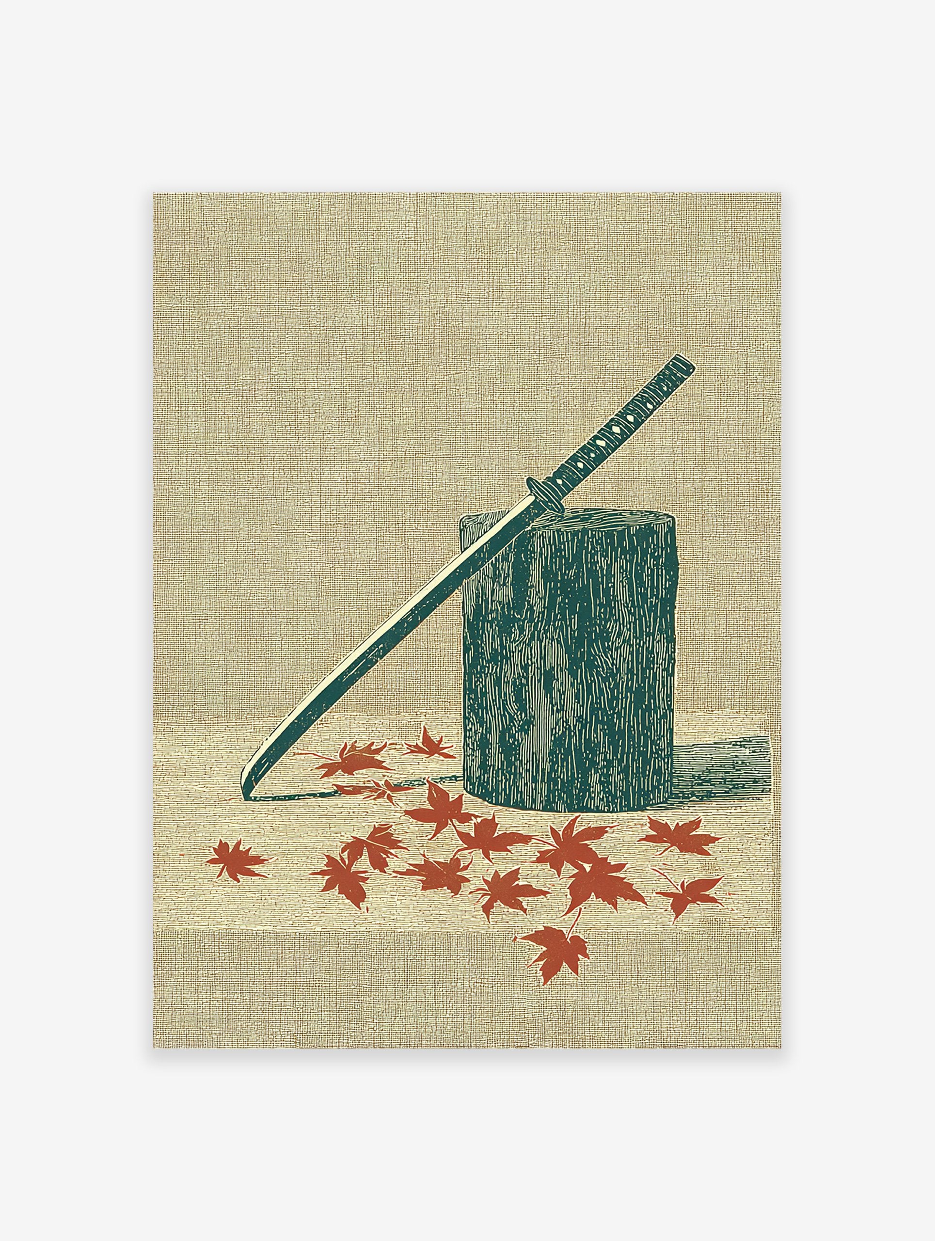 Japanese katana samurai sword leaning on a wooden stump with red maple leaves scattered around, illustrated art print.