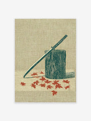 Japanese katana samurai sword leaning on a wooden stump with red maple leaves scattered around, illustrated art print.