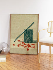 Japanese katana samurai sword leaning on a wooden stump with red maple leaves scattered around, illustrated art print. - Image 2
