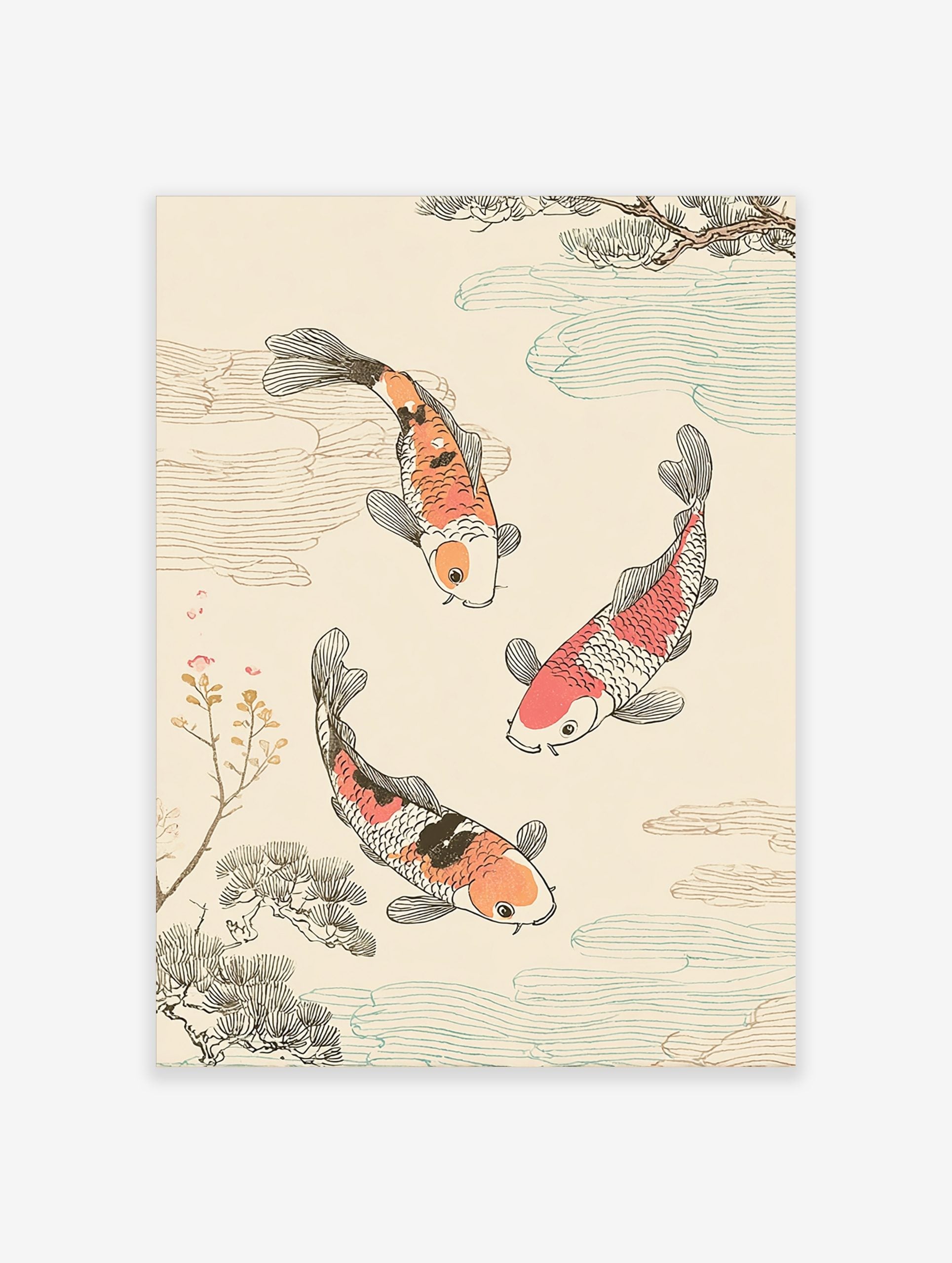 Japanese illustrative print of three orange, red, black, and white koi fish swimming with stylised water and pine branches