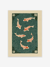 Japanese woodblock style art print featuring six red koi fish swimming in dark teal water with swirling wave patterns.