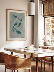 Japanese koi fish poster featuring four green and blue koi with orange fins swimming in swirling blue water, woodblock print style. - Image 2