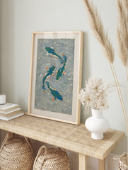 Japanese koi fish poster featuring four green and blue koi with orange fins swimming in swirling blue water, woodblock print style. - Image 4
