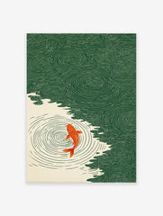 Japanese Koi Fish Poster swimming in green water with concentric ripples and an illustrative style.