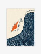Orange and white koi fish swimming beside a stylised navy wave on a cream background
