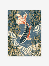 Japanese koi fish poster with red and black carp swimming among blue waves and golden seaweed