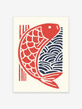 Japanese Koi Fish Poster featuring a red stylized fish with scales and blue waves in a traditional woodblock print style.
