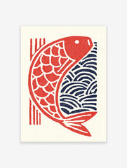 Japanese Koi Fish Poster featuring a red stylized fish with scales and blue waves in a traditional woodblock print style.
