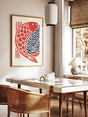 Japanese Koi Fish Poster featuring a red stylized fish with scales and blue waves in a traditional woodblock print style. - Image 2