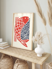 Japanese Koi Fish Poster featuring a red stylized fish with scales and blue waves in a traditional woodblock print style. - Image 4