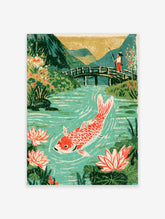 Japanese koi fish art print with red and white carp, lotus flowers, wooden bridge and green mountains