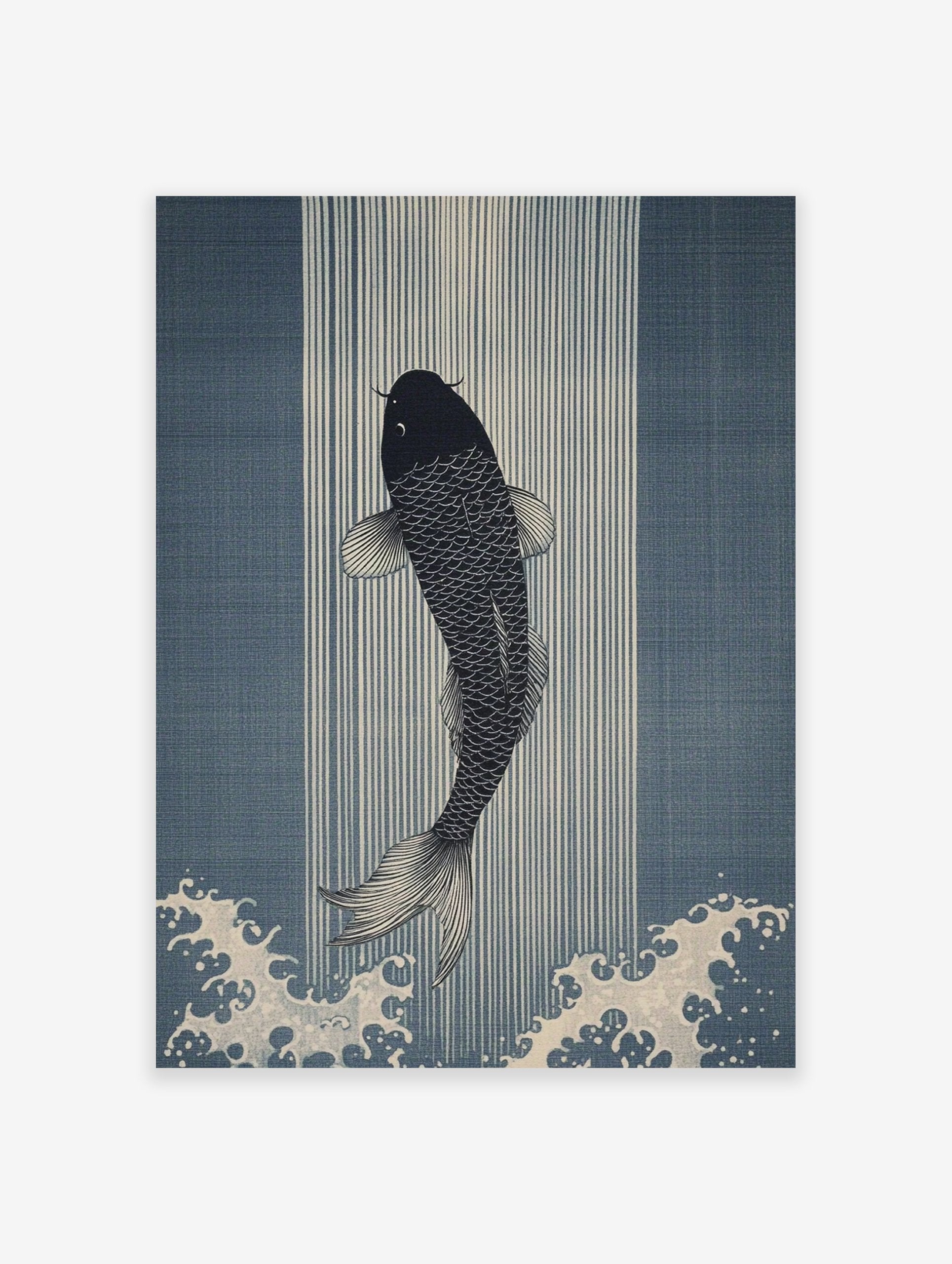 Black Japanese Koi fish swimming upwards against blue vertical stripes and white ocean waves, Ukiyo-e style wall art print.