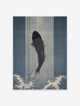 Black Japanese Koi fish swimming upwards against blue vertical stripes and white ocean waves, Ukiyo-e style wall art print.