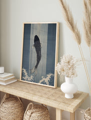 Black Japanese Koi fish swimming upwards against blue vertical stripes and white ocean waves, Ukiyo-e style wall art print. - Image 3