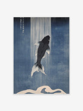 Japanese Koi Fish Wall Art print featuring a black koi swimming upwards through white rain on a deep blue background with a white wave.