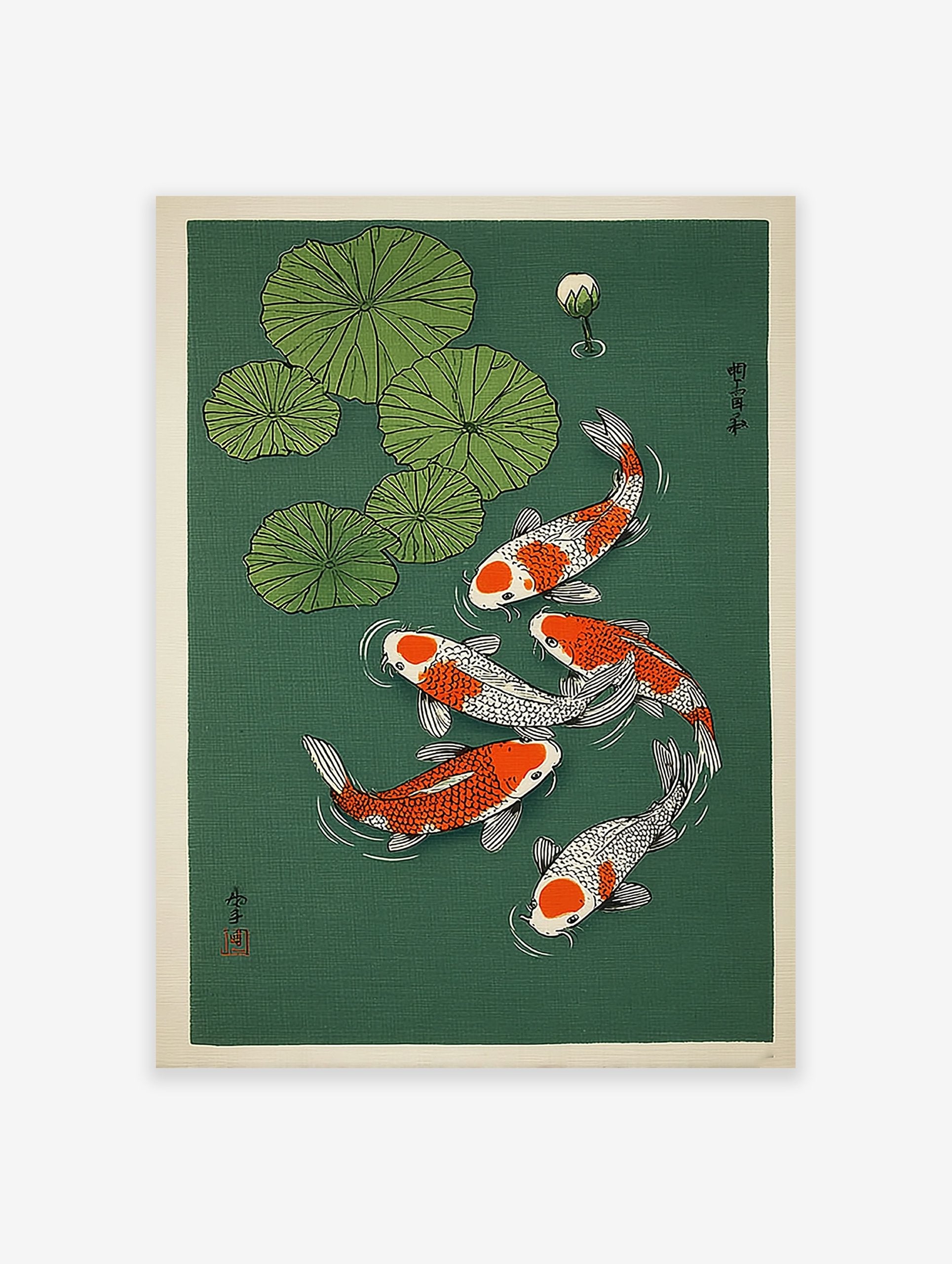 Japanese Koi Fish Wall Art print showing five orange and white koi swimming among green lily pads in dark green water with a lily bud.