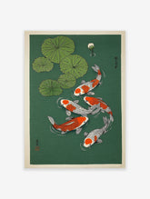 Japanese Koi Fish Wall Art print showing five orange and white koi swimming among green lily pads in dark green water with a lily bud.