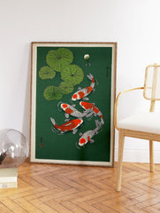Japanese Koi Fish Wall Art print showing five orange and white koi swimming among green lily pads in dark green water with a lily bud. - Image 2
