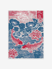 Japanese woodblock print of two red koi fish swimming among red lotus flowers and blue lily pads in water