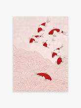 Illustration of red and white Japanese koi fish swimming upwards on a pink background with red ocean wave patterns