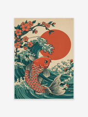 Japanese ukiyo-e style art print of an orange koi fish swimming through a teal wave with a red sun and cherry blossoms