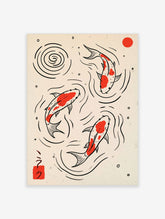Japanese koi fish art print with three red and white koi, black spiral, and red sun on cream background