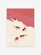 Traditional Japanese Koi Fish Wall Art print featuring five red, white, and black koi swimming in stylized cream and red waves.