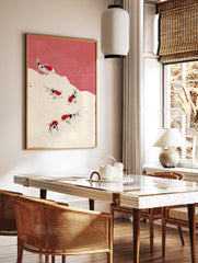 Traditional Japanese Koi Fish Wall Art print featuring five red, white, and black koi swimming in stylized cream and red waves. - Image 2