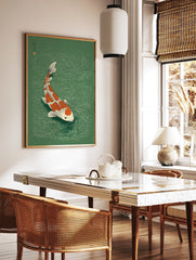 Japanese Koi Fish Wall Art print featuring an orange and white koi swimming in green water with ripples and Japanese text. - Image 3