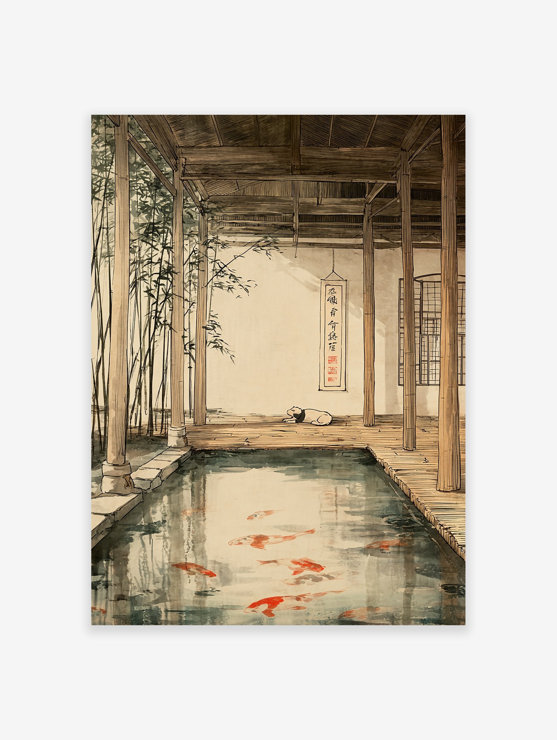 A poster illustrating a serene Japanese koi pond with red and white koi fish, a sleeping dog, bamboo, and traditional wooden architecture.