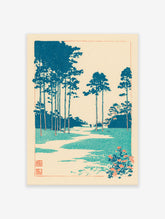 Japanese landscape woodblock print with teal pine trees, a winding path, and orange flowers on a cream background