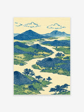 Japanese landscape art print with blue mountains, green hills, a winding river, and trees in woodblock style.
