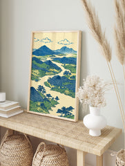 Japanese landscape art print with blue mountains, green hills, a winding river, and trees in woodblock style. - Image 3