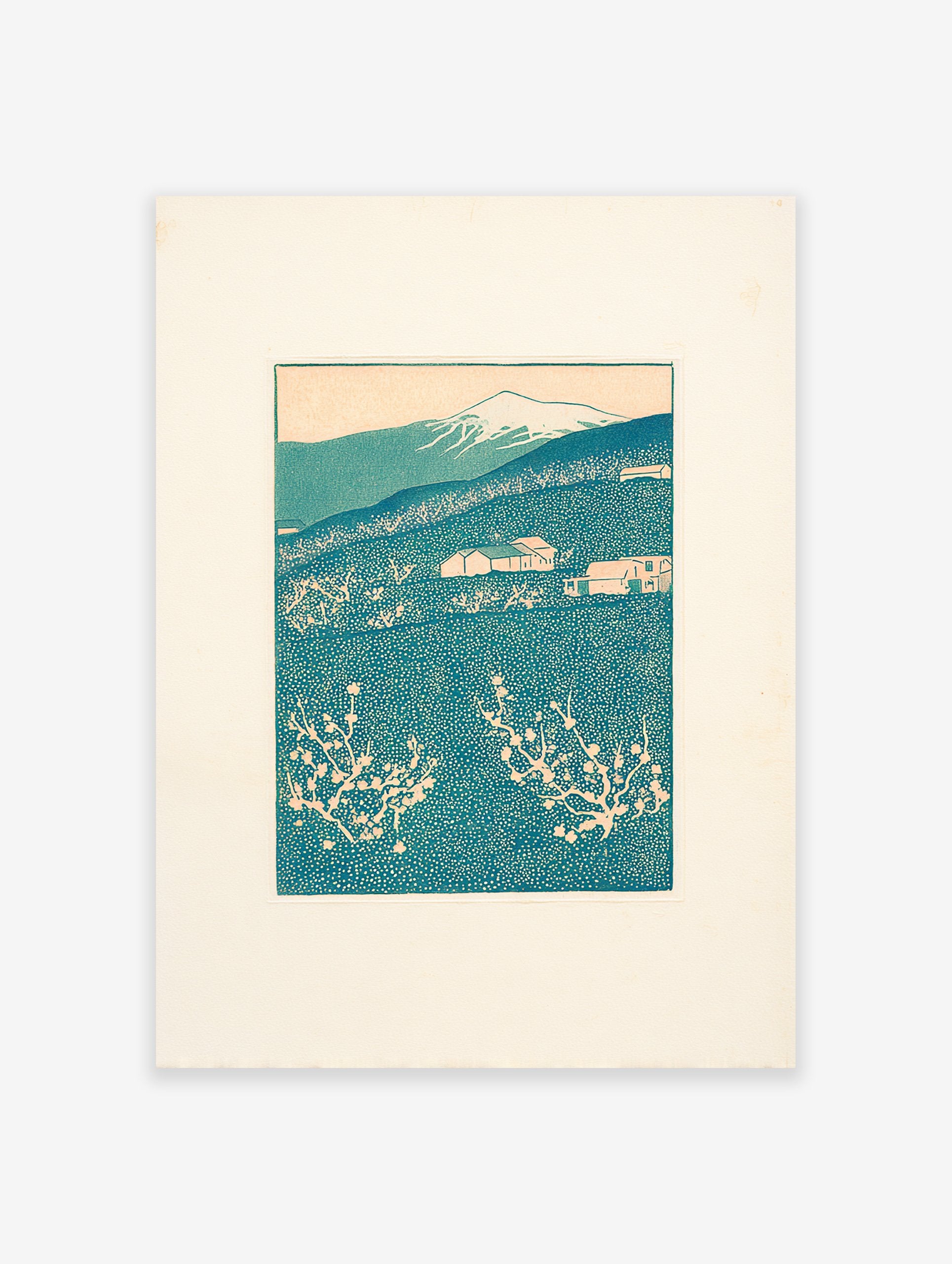 Japanese woodblock print featuring a teal and peach mountain landscape with houses and blossoming trees.