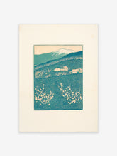 Japanese woodblock print featuring a teal and peach mountain landscape with houses and blossoming trees.