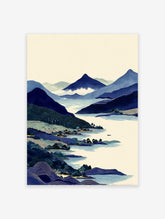Japanese landscape art print showing blue mountains, a lake with a village and boat, in a traditional Ukiyo-e style.