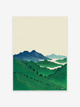 Japanese landscape art print with green terraced mountains, blue peaks, and white mist in Ukiyo-e style.