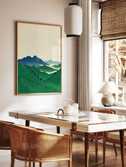 Japanese landscape art print with green terraced mountains, blue peaks, and white mist in Ukiyo-e style. - Image 2
