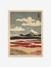 Japanese Landscape Art Print featuring snow-capped mountains, a red foreground with animals, and a blue sky with stylized clouds.